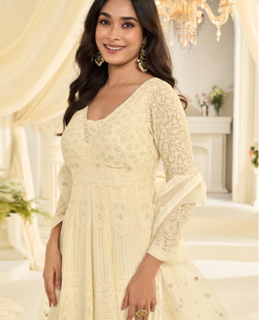 WHITE - Ivory Elegance Embroidered Anarkali Gown